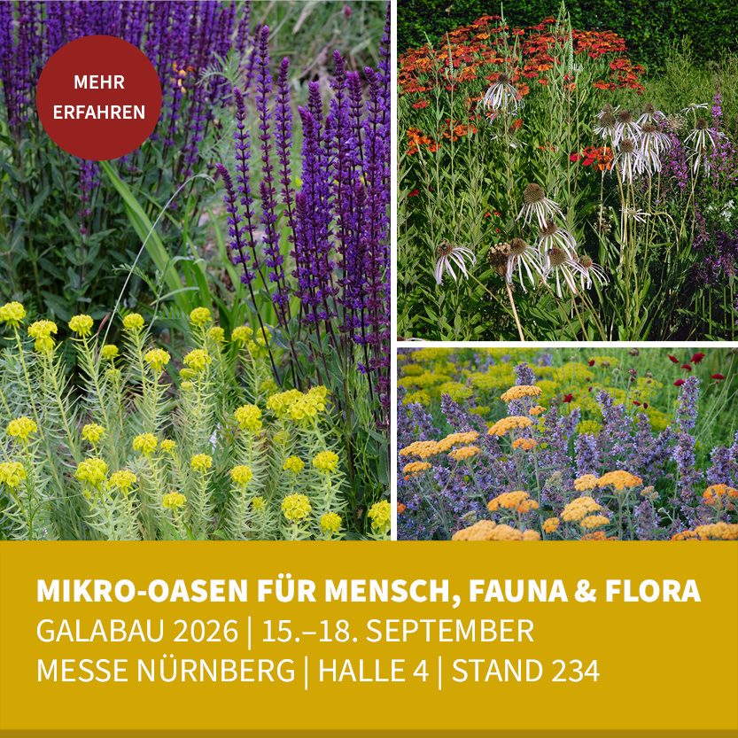 "Mikro-Oasen für Mensch, Fauna & Flora" | GaLaBau 2026 | 15.-18. September | Messe Nürnberg | Wir sind dabei! – Halle 4, Stand 234 – Mehr erfahren
